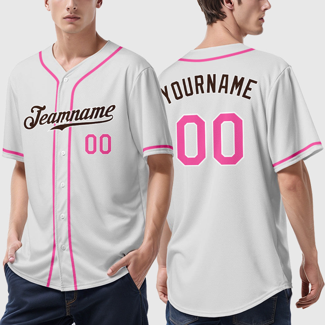 Custom White Brown Pink Sleeve Baseball Jersey