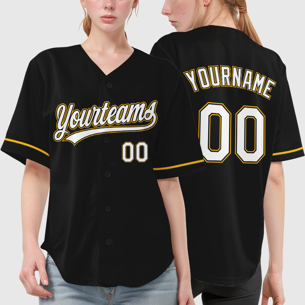 Custom Black White White-Gold Baseball Jersey