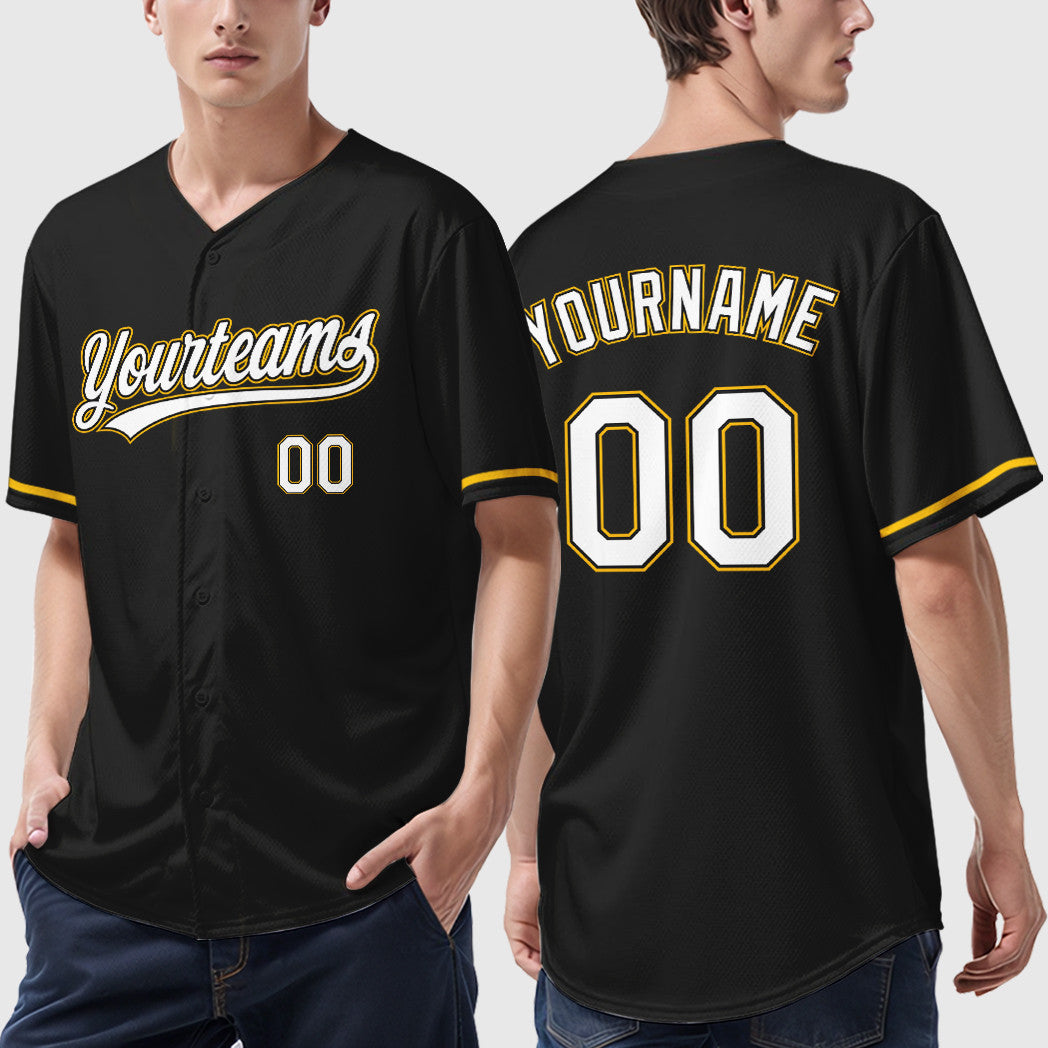 Custom Black White White-Gold Baseball Jersey