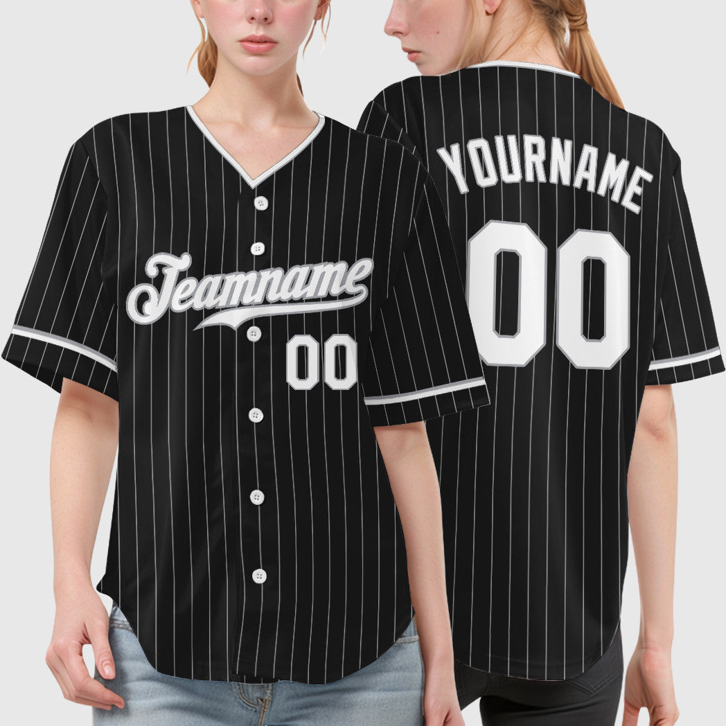 Custom Black Gray White Pinstripe Baseball Jersey