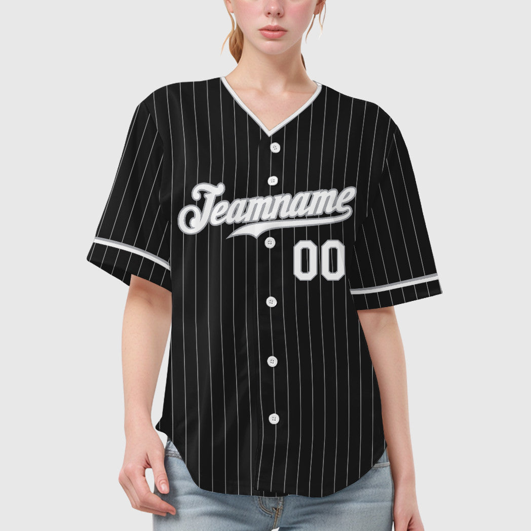 Custom Black Gray White Pinstripe Baseball Jersey