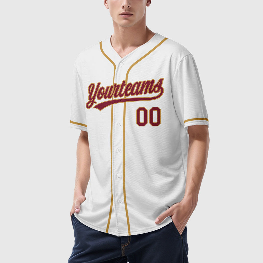 Custom White Crimson Crimson-Old Gold Sleeve Baseball Jersey