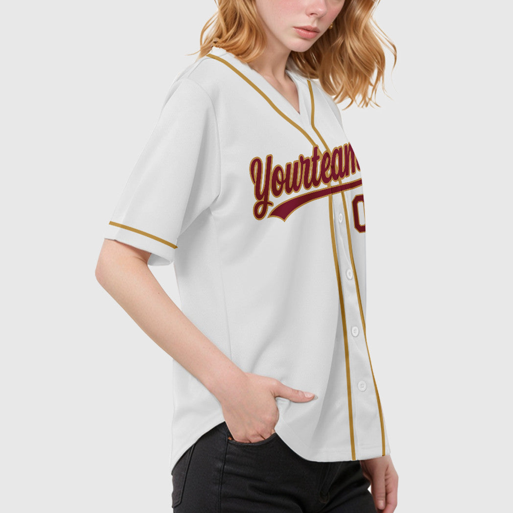 Custom White Crimson Crimson-Old Gold Sleeve Baseball Jersey
