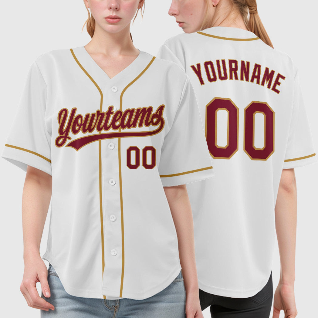 Custom White Crimson Crimson-Old Gold Sleeve Baseball Jersey