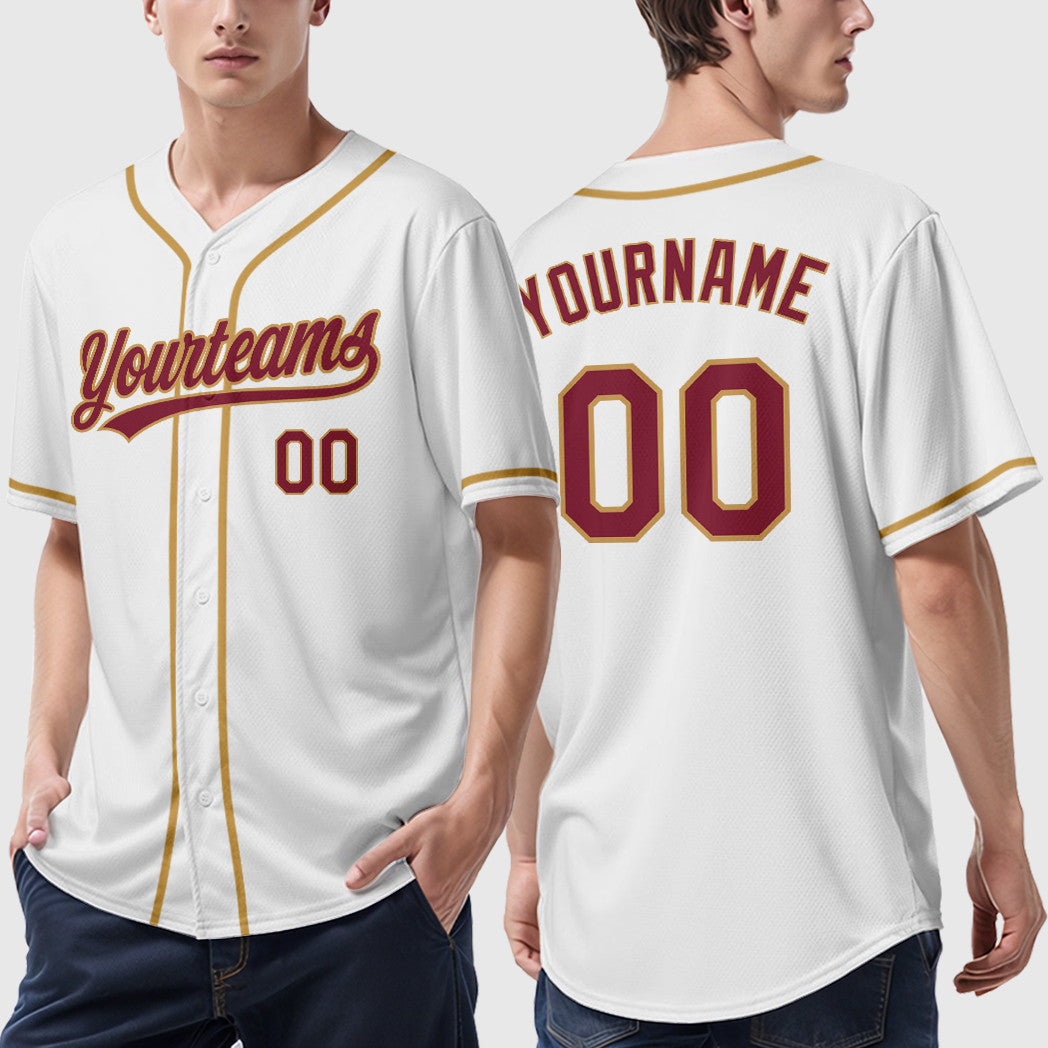 Custom White Crimson Crimson-Old Gold Sleeve Baseball Jersey