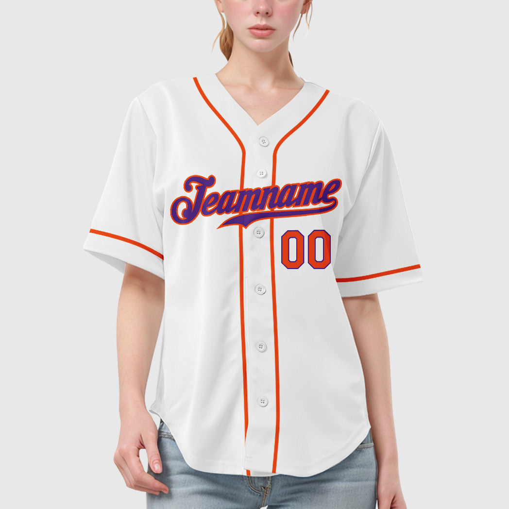 Custom White Purple Orange Sleeve Baseball Jersey
