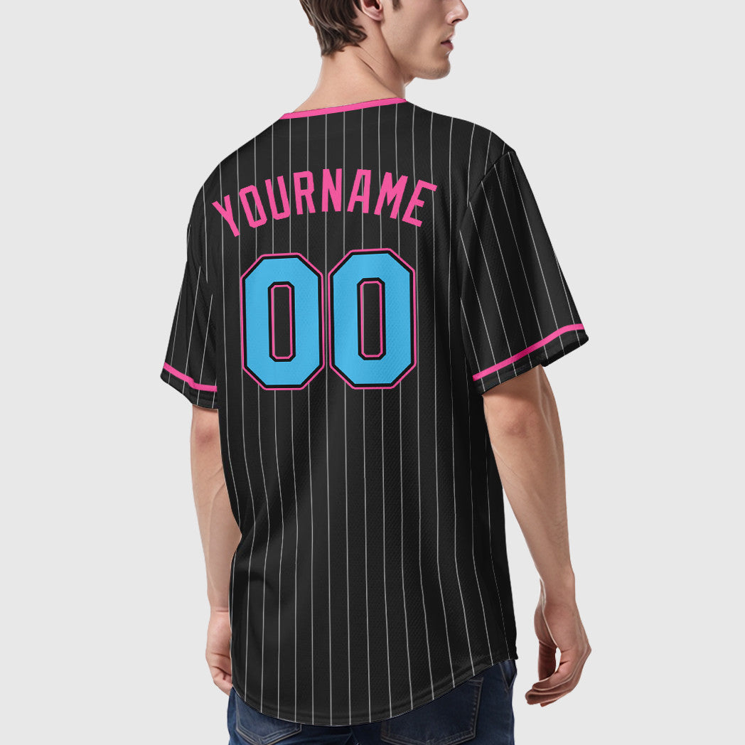 Custom Black White Sky Blue-Pink Pinstripe Baseball Jersey