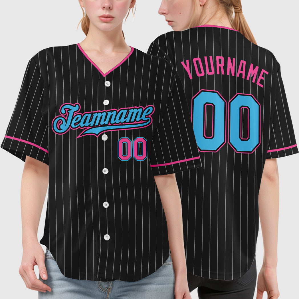 Custom Black White Sky Blue-Pink Pinstripe Baseball Jersey