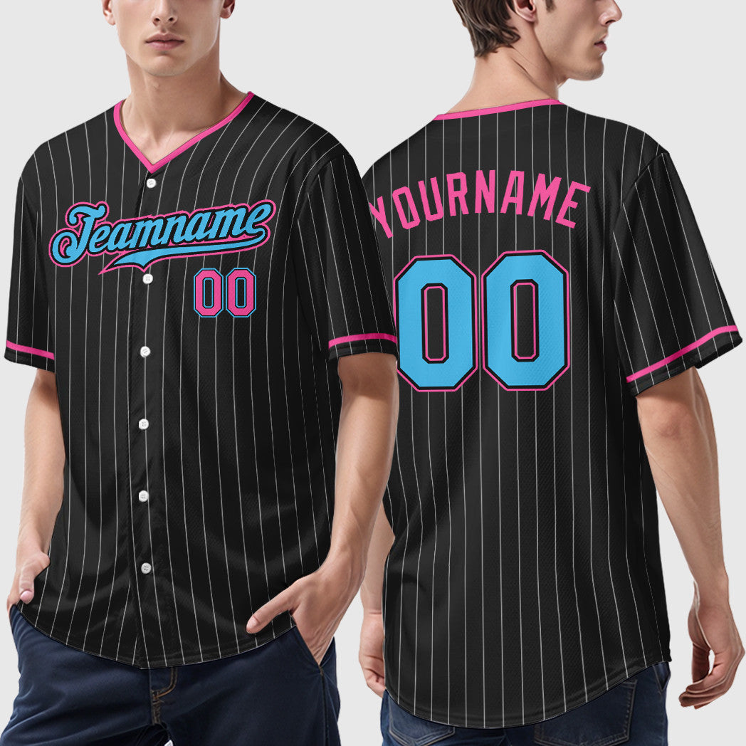 Custom Black White Sky Blue-Pink Pinstripe Baseball Jersey