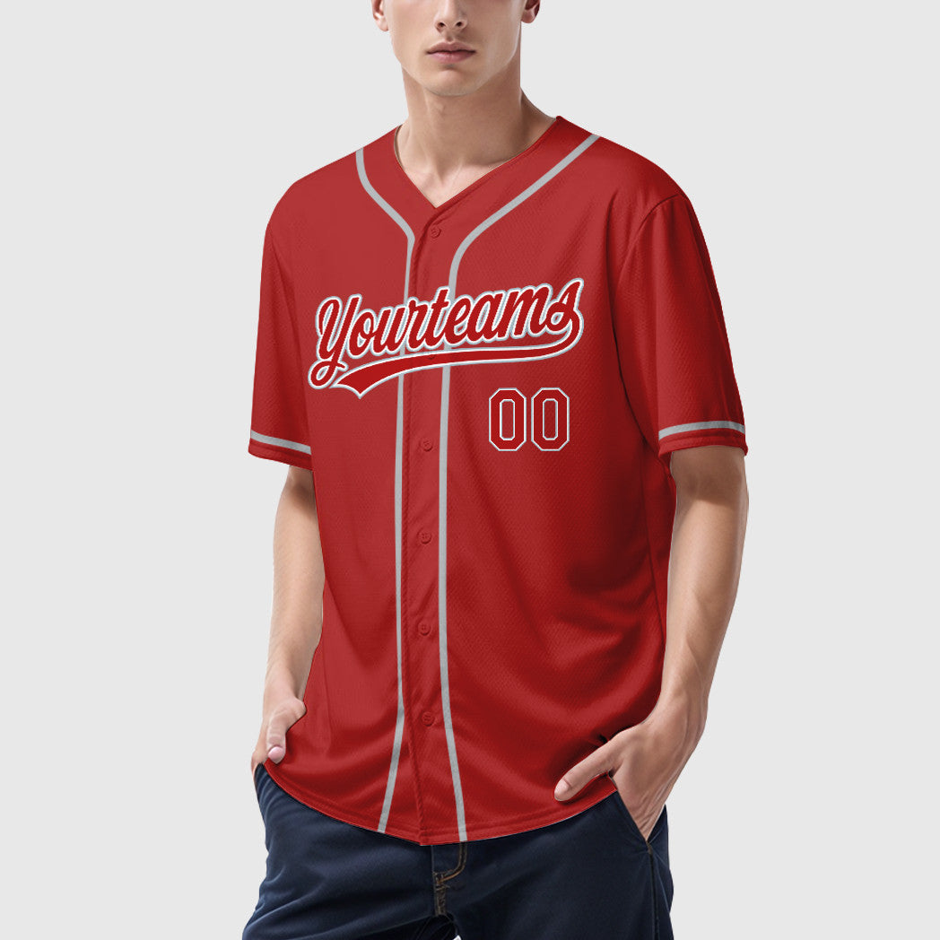 Custom Red White Gray Sleeve Baseball Jersey