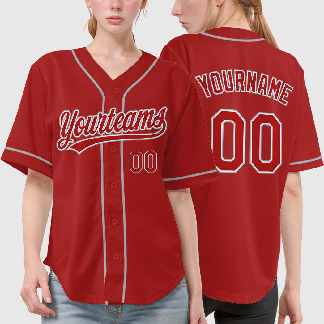 Custom Red White Gray Sleeve Baseball Jersey