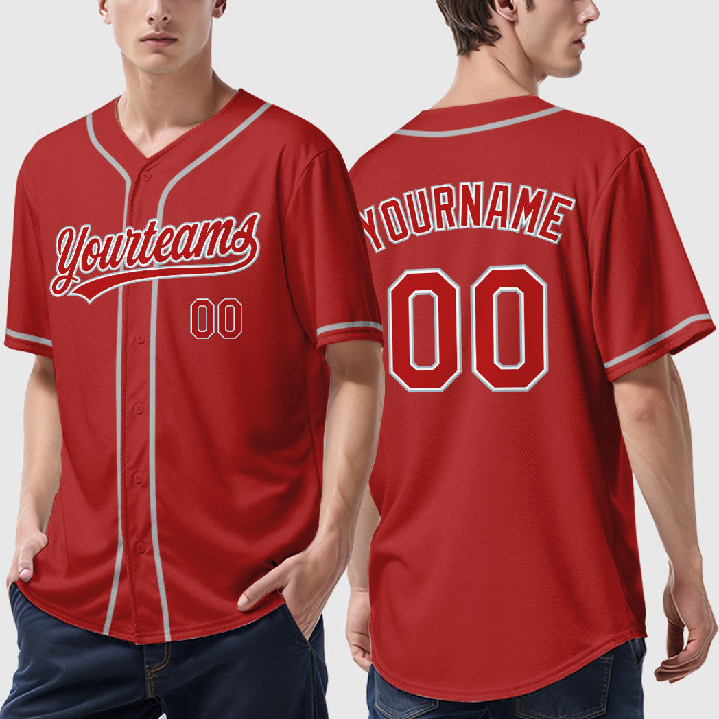 Custom Red White Gray Sleeve Baseball Jersey