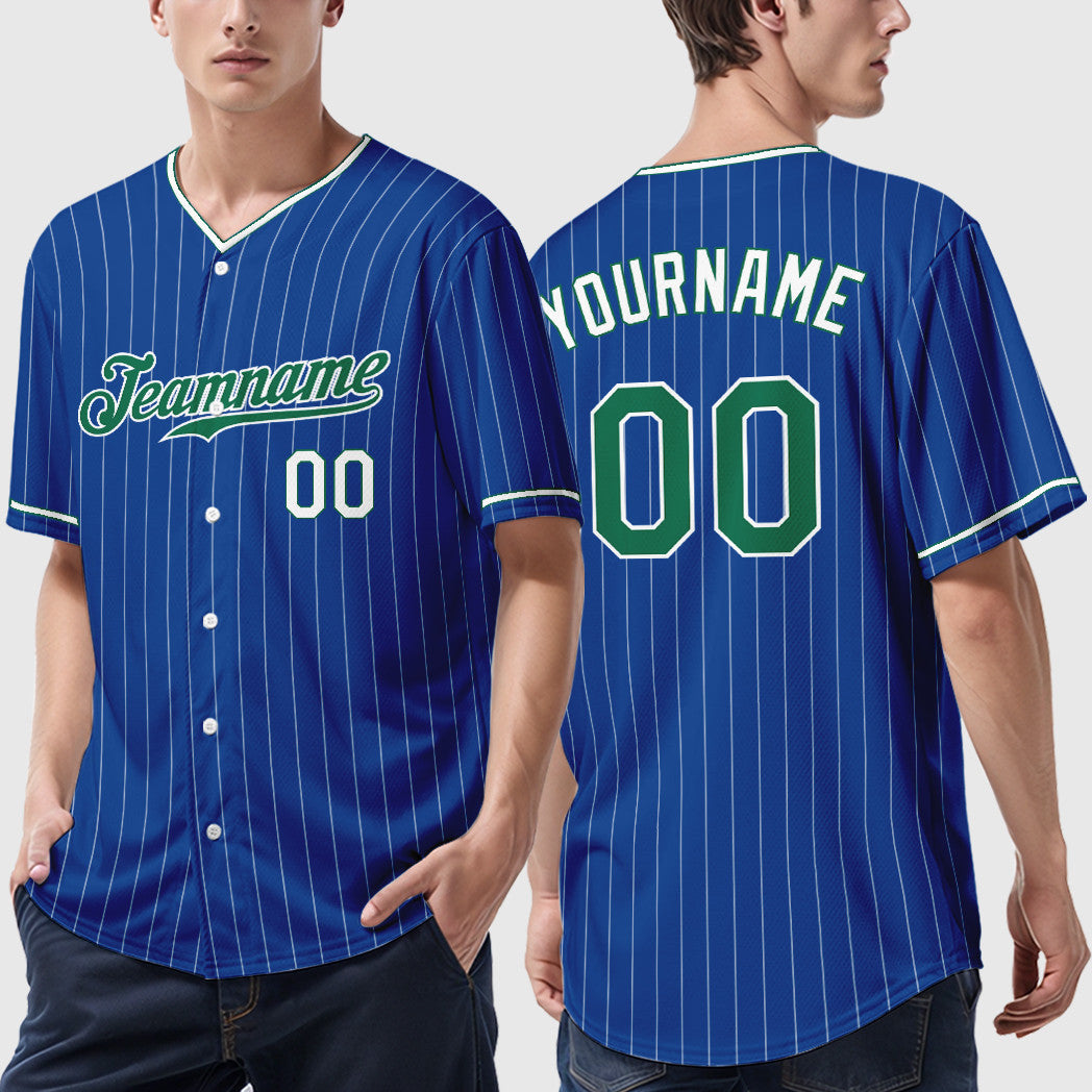 Custom Royal White Kelly Green-White Pinstripe Baseball Jersey