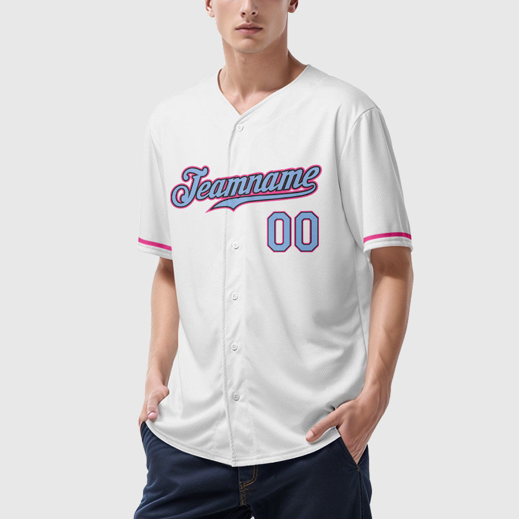 Custom White Light Blue Light Blue Black-Pink Baseball Jersey