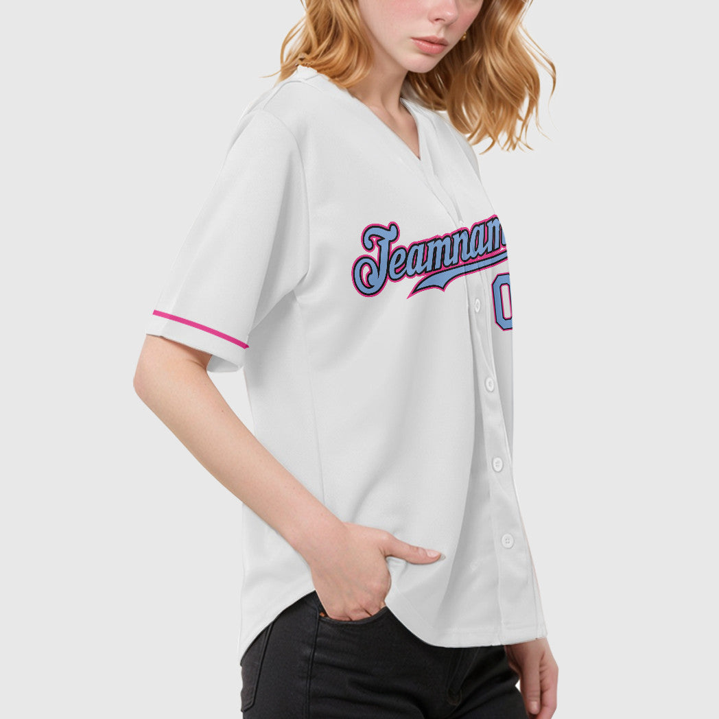 Custom White Light Blue Light Blue Black-Pink Baseball Jersey