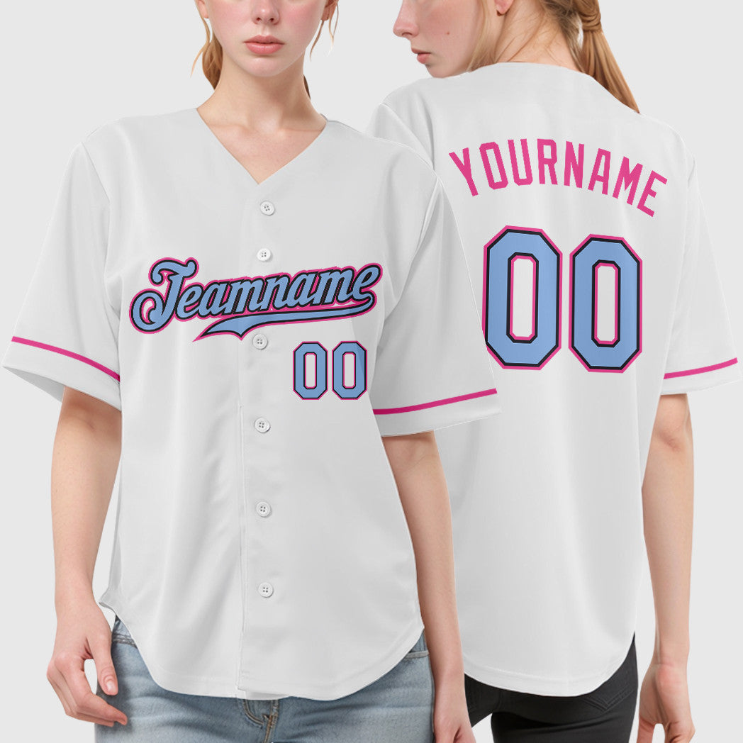 Custom White Light Blue Light Blue Black-Pink Baseball Jersey