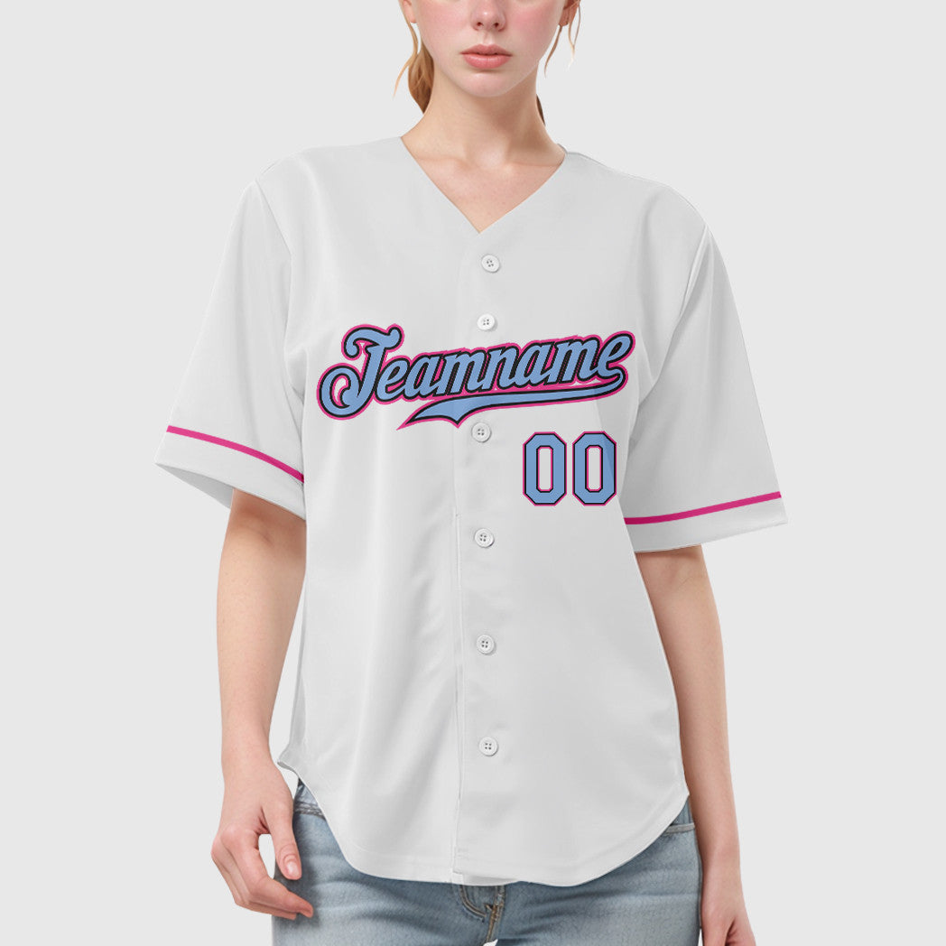 Custom White Light Blue Light Blue Black-Pink Baseball Jersey