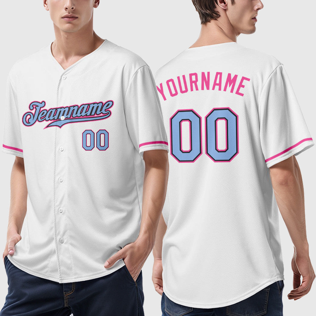 Custom White Light Blue Light Blue Black-Pink Baseball Jersey