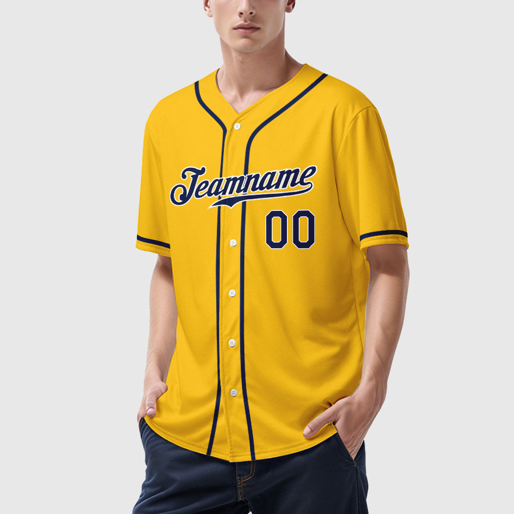 Custom Yellow Navy Navy-White Sleeve Baseball Jersey