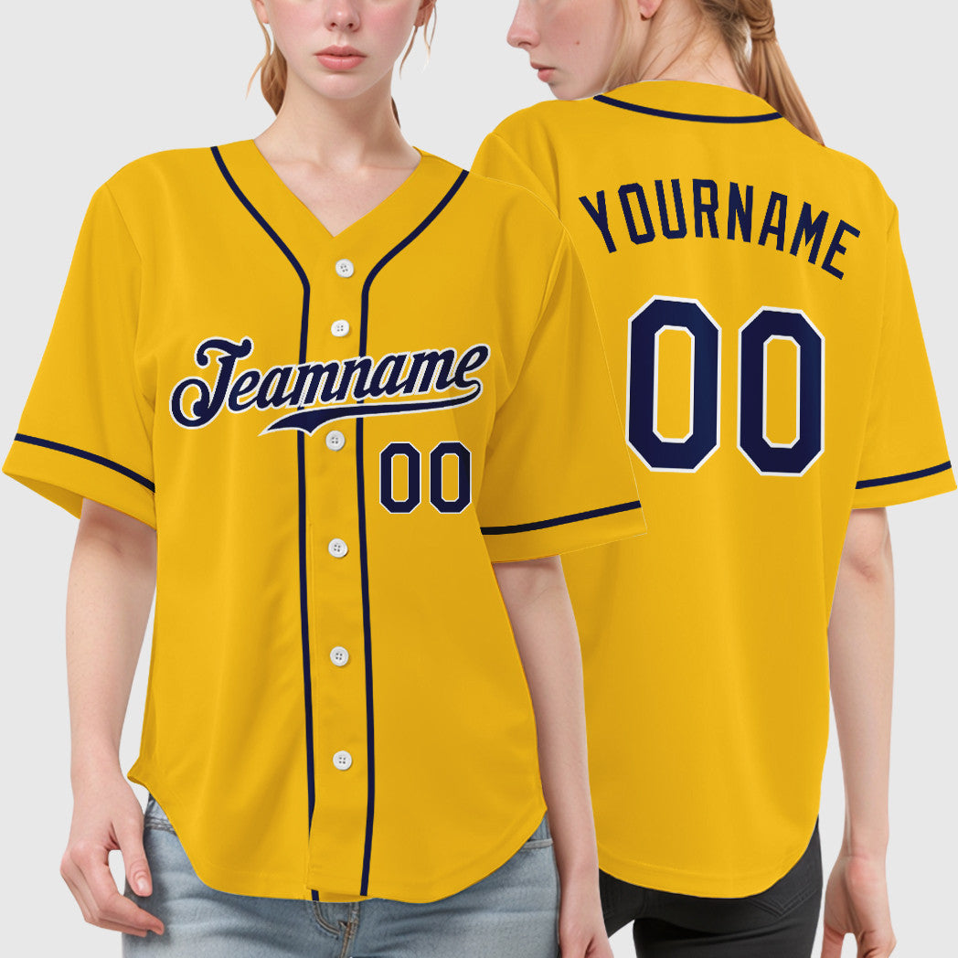 Custom Yellow Navy Navy-White Sleeve Baseball Jersey