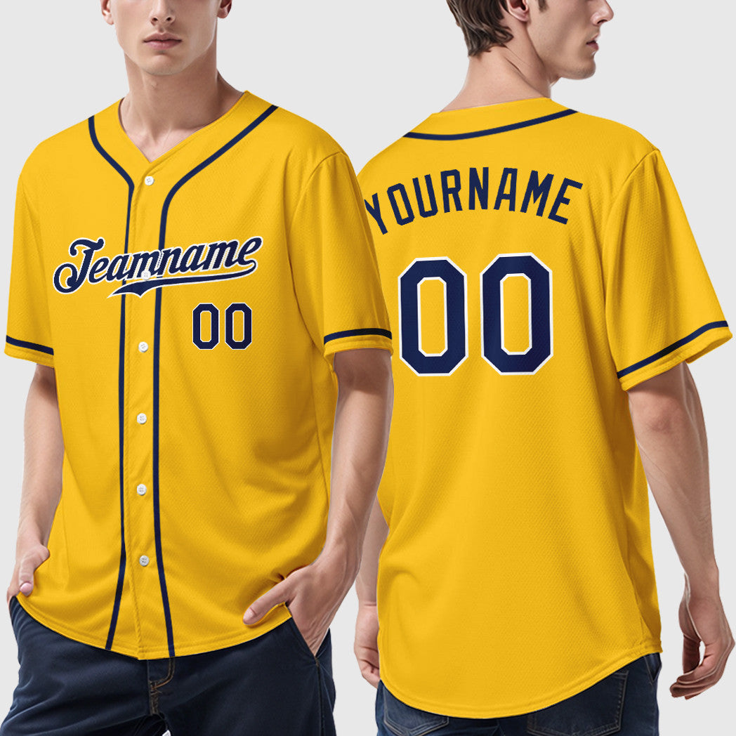 Custom Yellow Navy Navy-White Sleeve Baseball Jersey