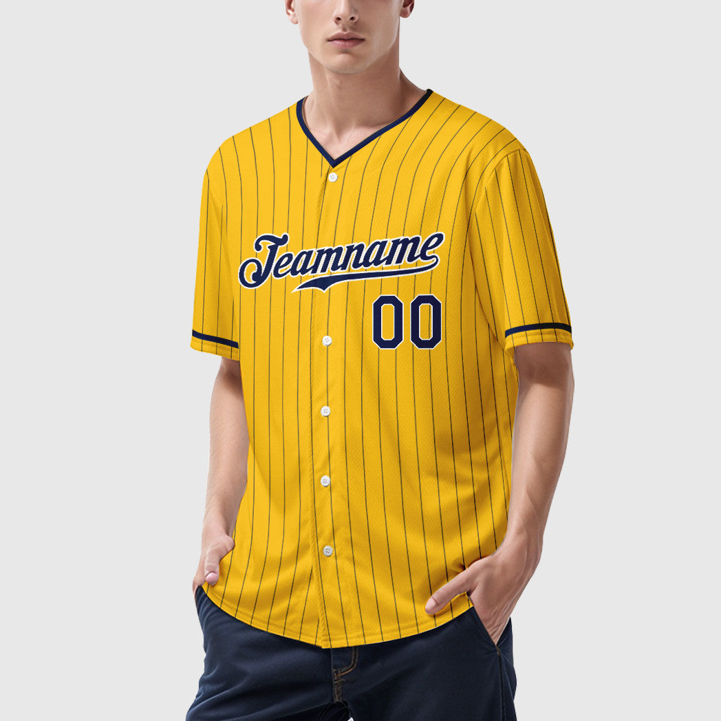 Custom Yellow Navy Navy-White Pinstripe Baseball Jersey
