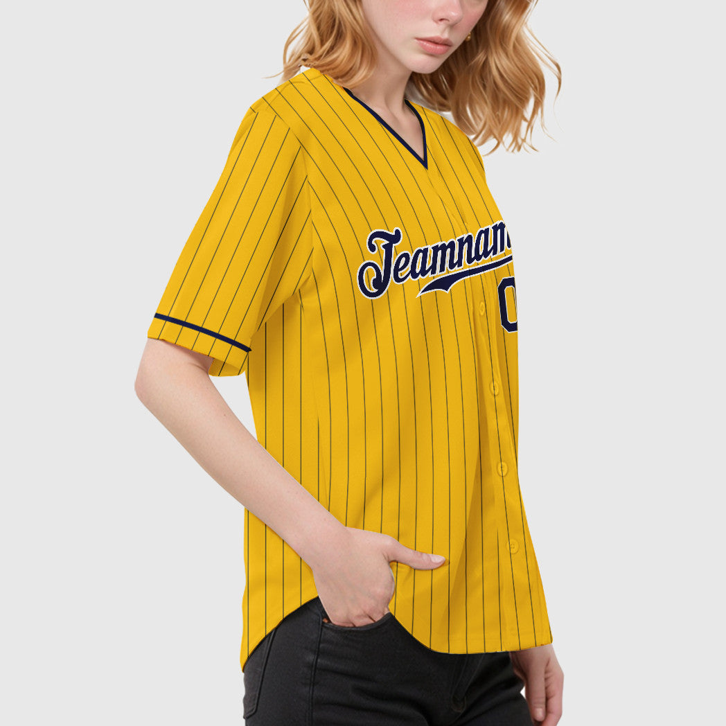 Custom Yellow Navy Navy-White Pinstripe Baseball Jersey