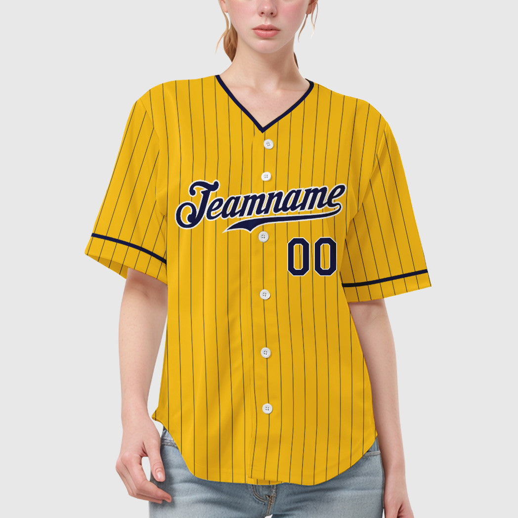Custom Yellow Navy Navy-White Pinstripe Baseball Jersey
