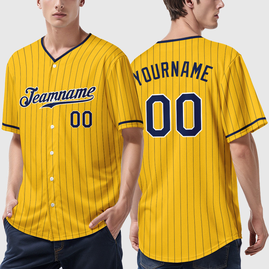 Custom Yellow Navy Navy-White Pinstripe Baseball Jersey