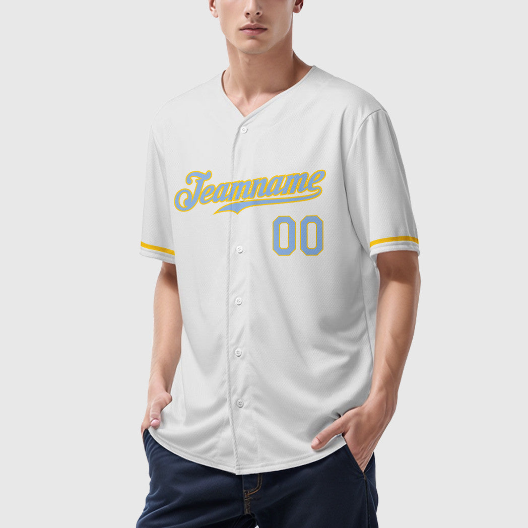 Custom White Light Blue Light Blue-Yellow Baseball Jersey