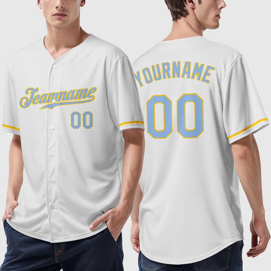 Custom White Light Blue Light Blue-Yellow Baseball Jersey