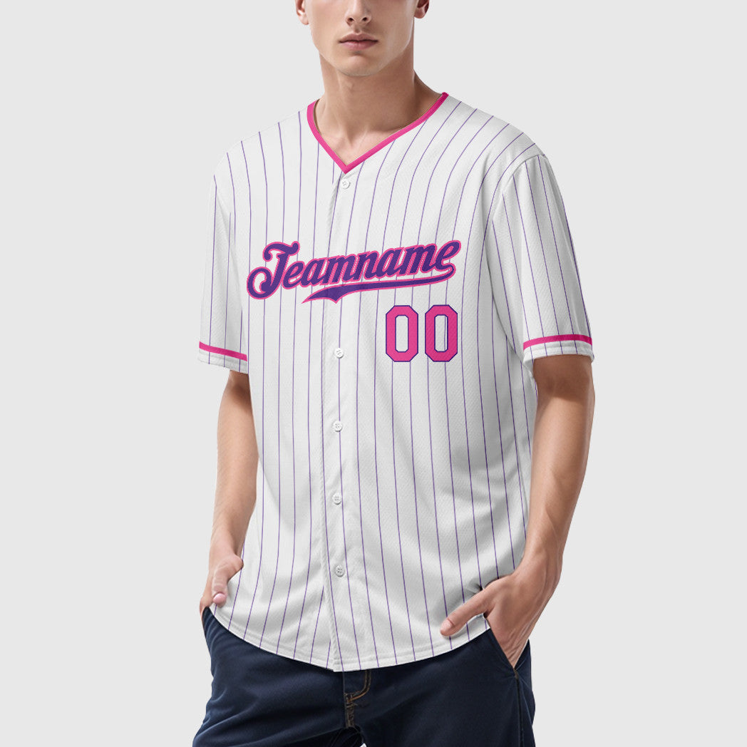 Custom White Purple Pink Pinstripe Baseball Jersey