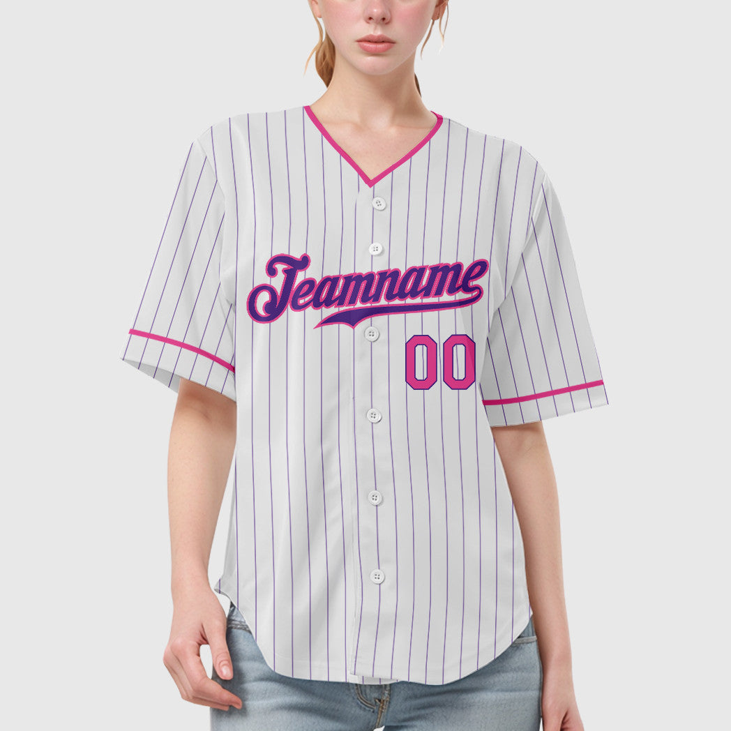 Custom White Purple Pink Pinstripe Baseball Jersey