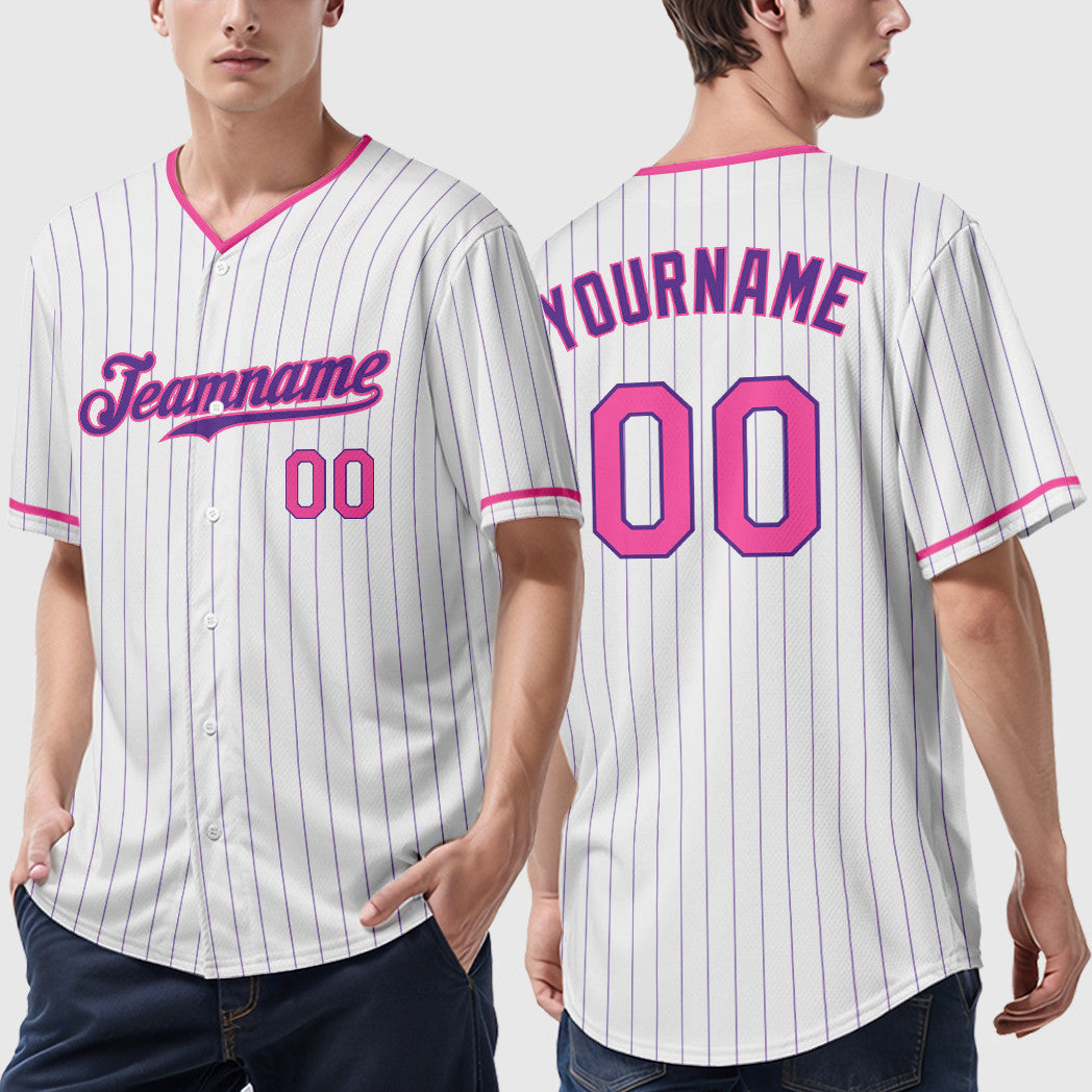 Custom White Purple Pink Pinstripe Baseball Jersey