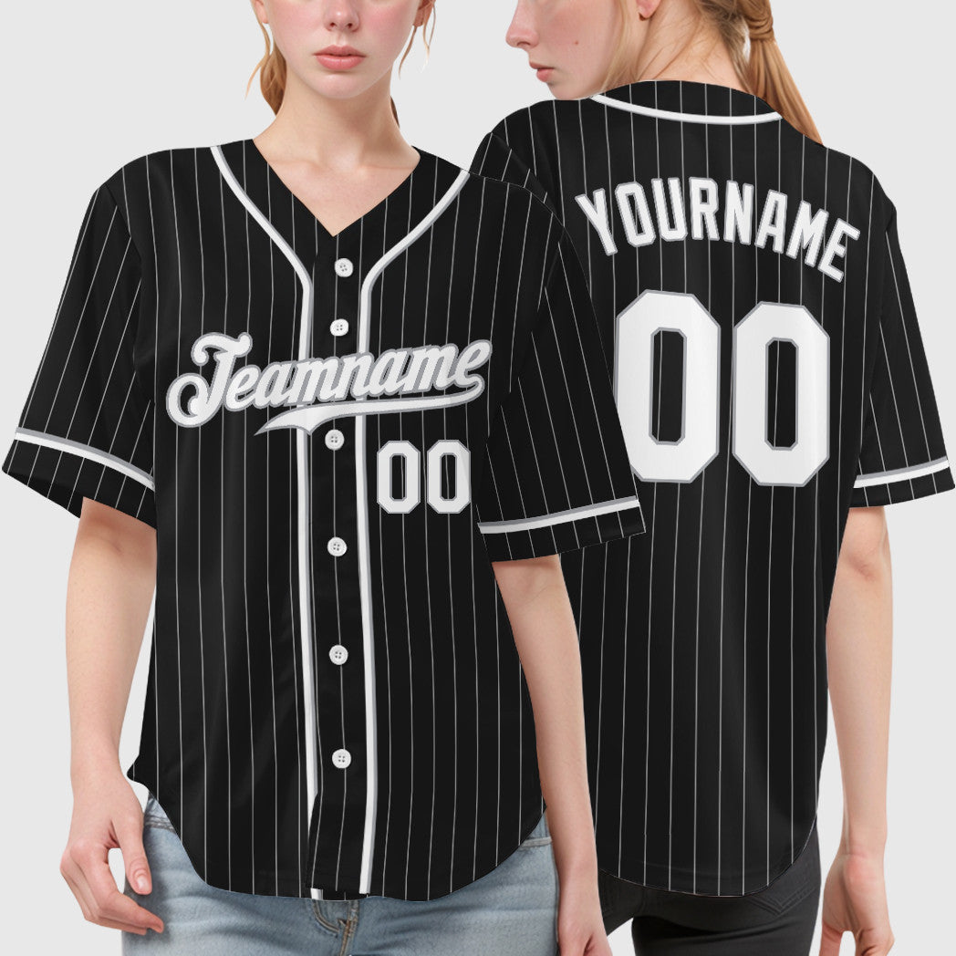 Custom Black Gray White Piping Pinstripe Baseball Jersey