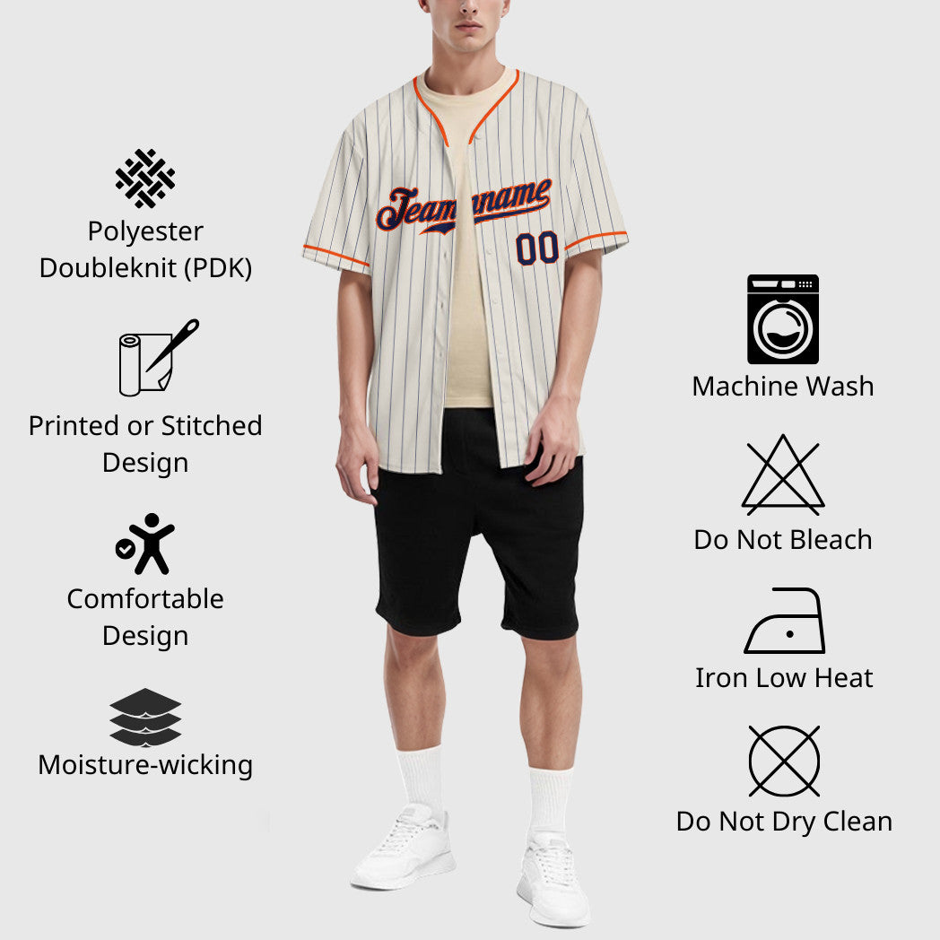Custom Cream Navy Orange Pinstripe Baseball Jersey