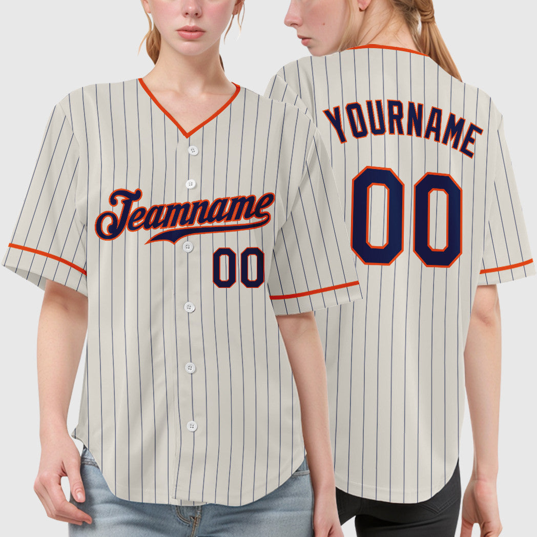 Custom Cream Navy Orange Pinstripe Baseball Jersey