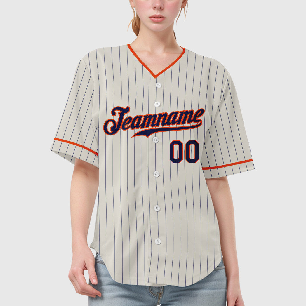 Custom Cream Navy Orange Pinstripe Baseball Jersey
