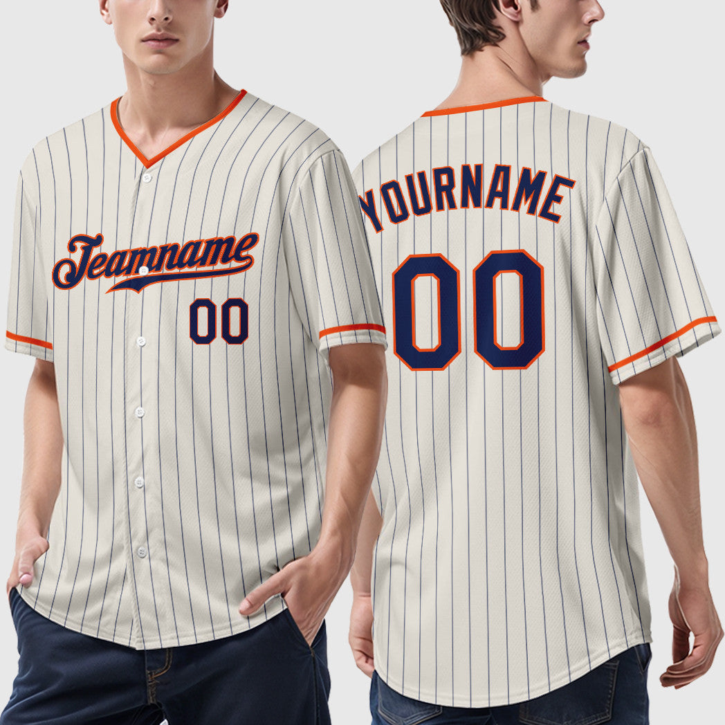Custom Cream Navy Orange Pinstripe Baseball Jersey
