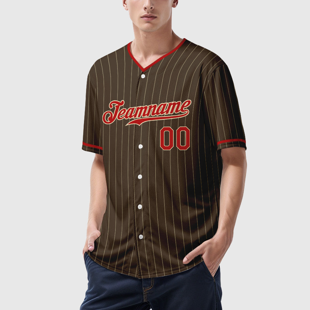 Custom Brown Cream Red-Cream Pinstripe Baseball Jersey