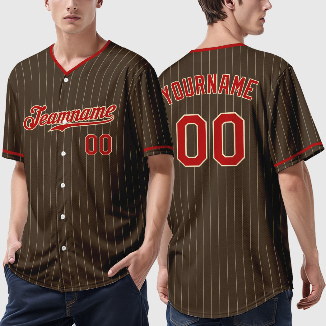 Custom Brown Cream Red-Cream Pinstripe Baseball Jersey