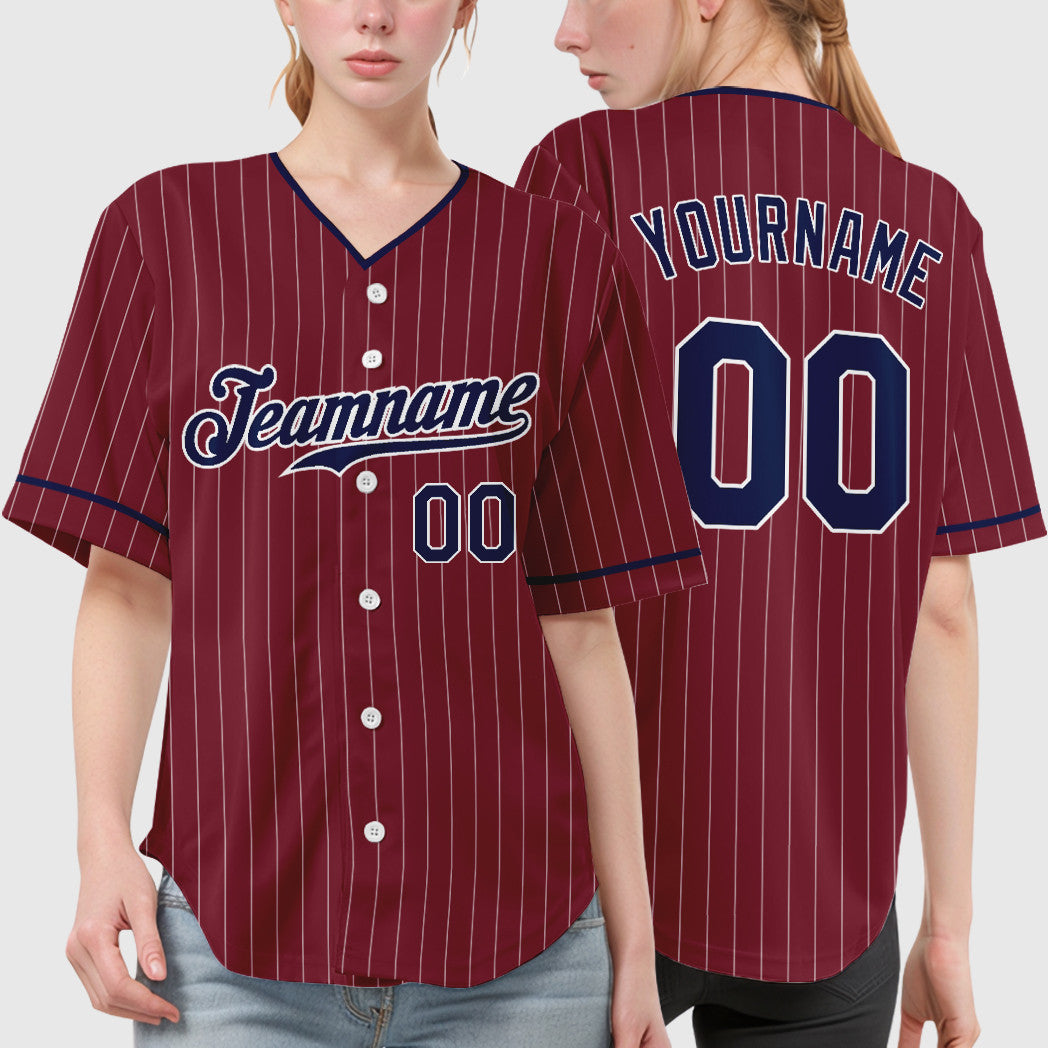 Custom Crimson White Navy Pinstripe Baseball Jersey