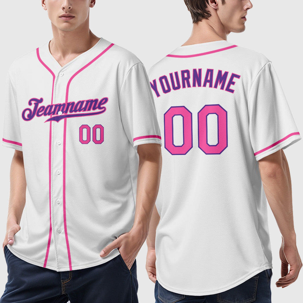 Custom White Purple Pink Sleeve Baseball Jersey