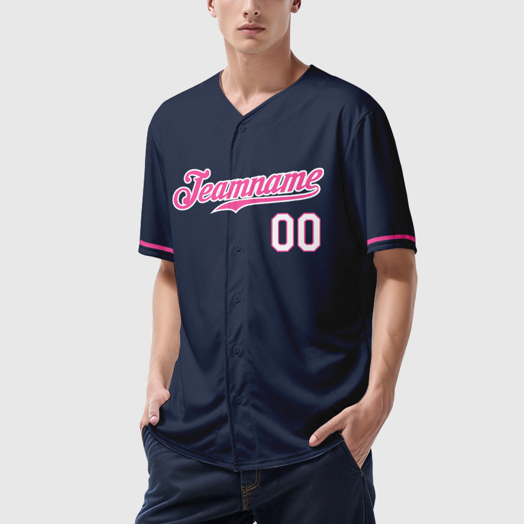 Custom Navy White Pink-White Baseball Jersey