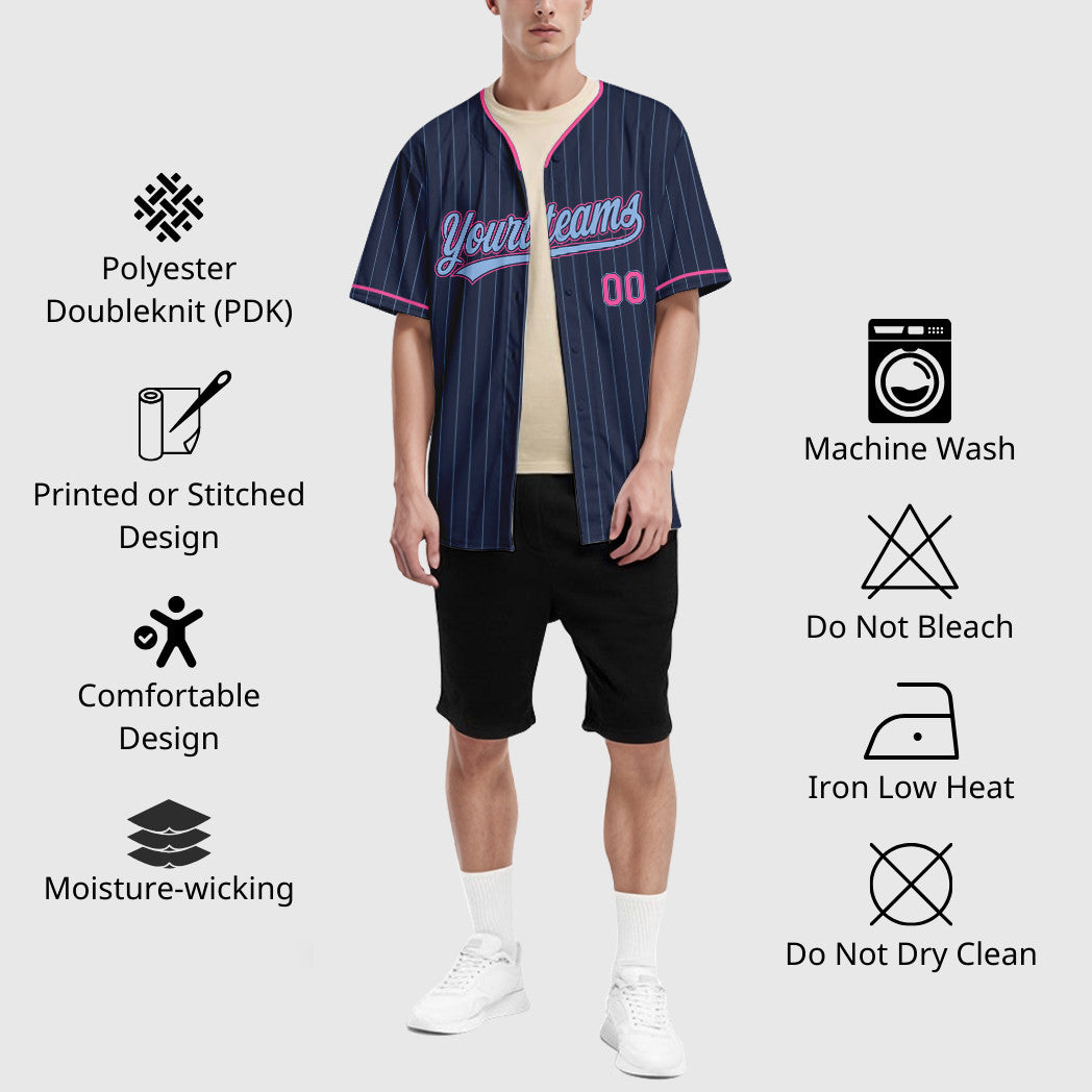 Custom Navy Light Blue Pink Pinstripe Baseball Jersey
