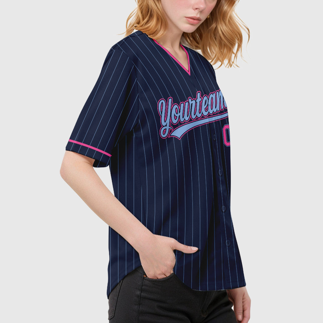 Custom Navy Light Blue Pink Pinstripe Baseball Jersey