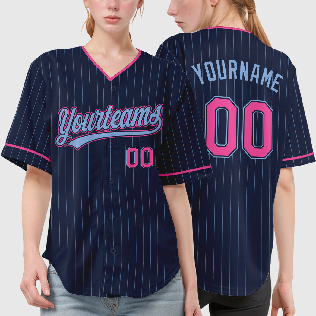 Custom Navy Light Blue Pink Pinstripe Baseball Jersey