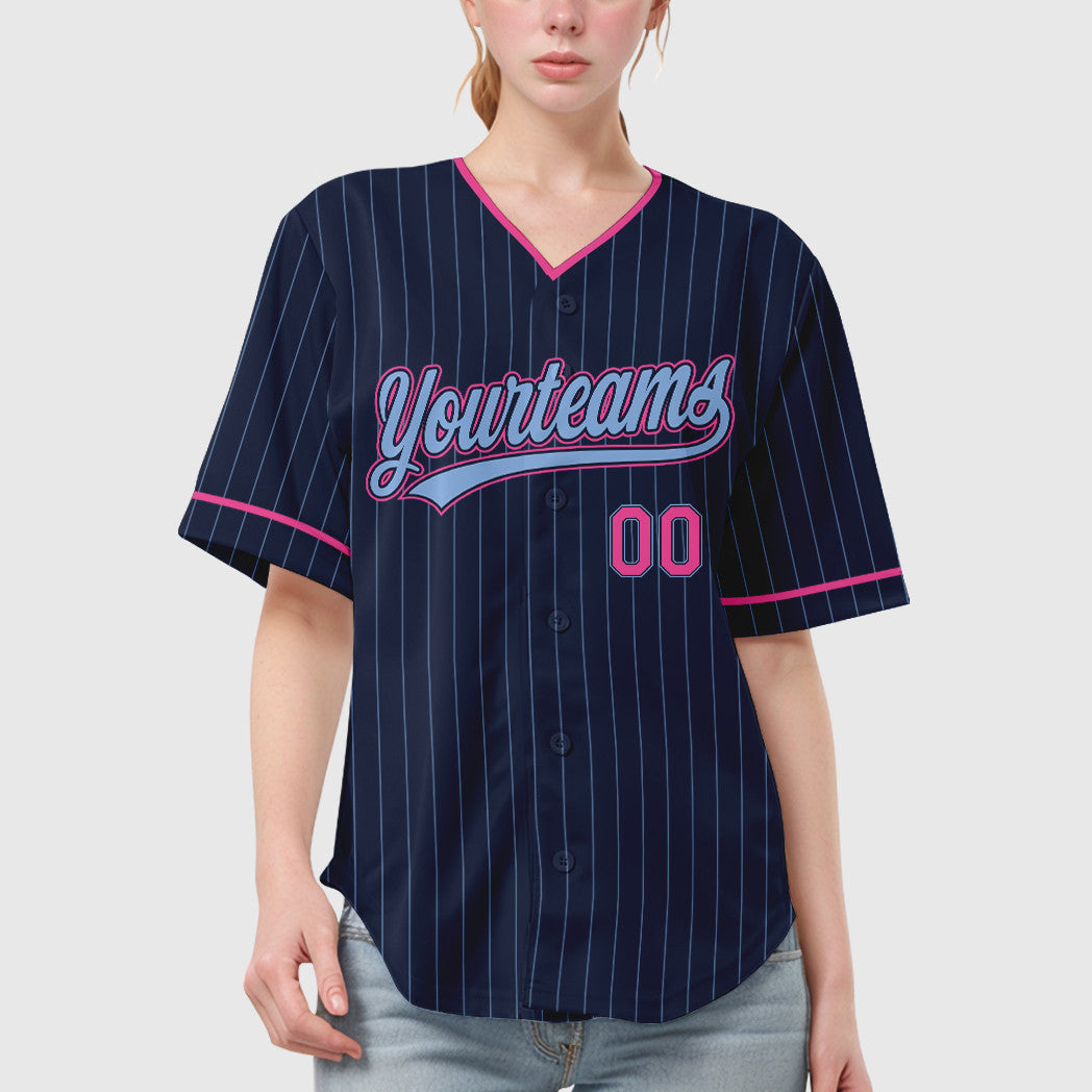 Custom Navy Light Blue Pink Pinstripe Baseball Jersey