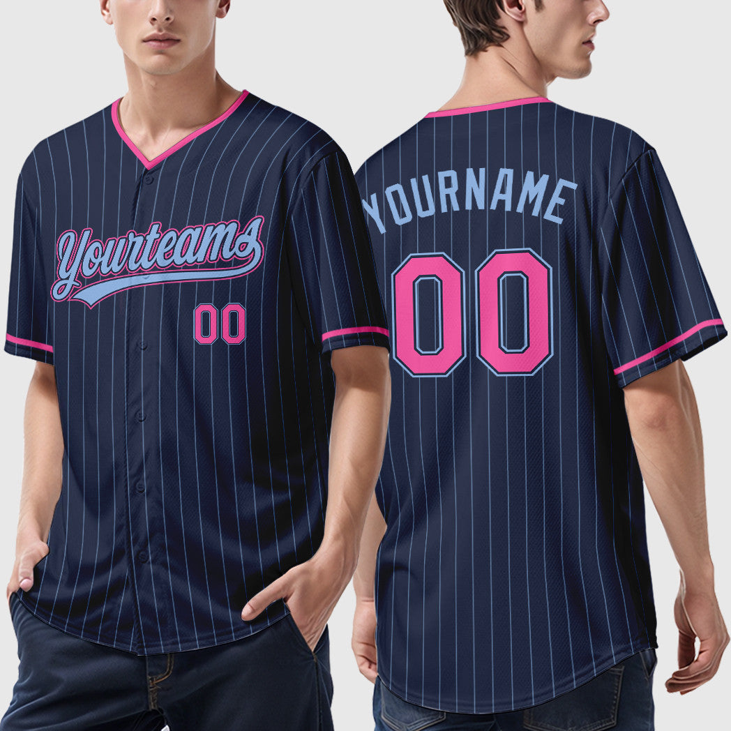 Custom Navy Light Blue Pink Pinstripe Baseball Jersey
