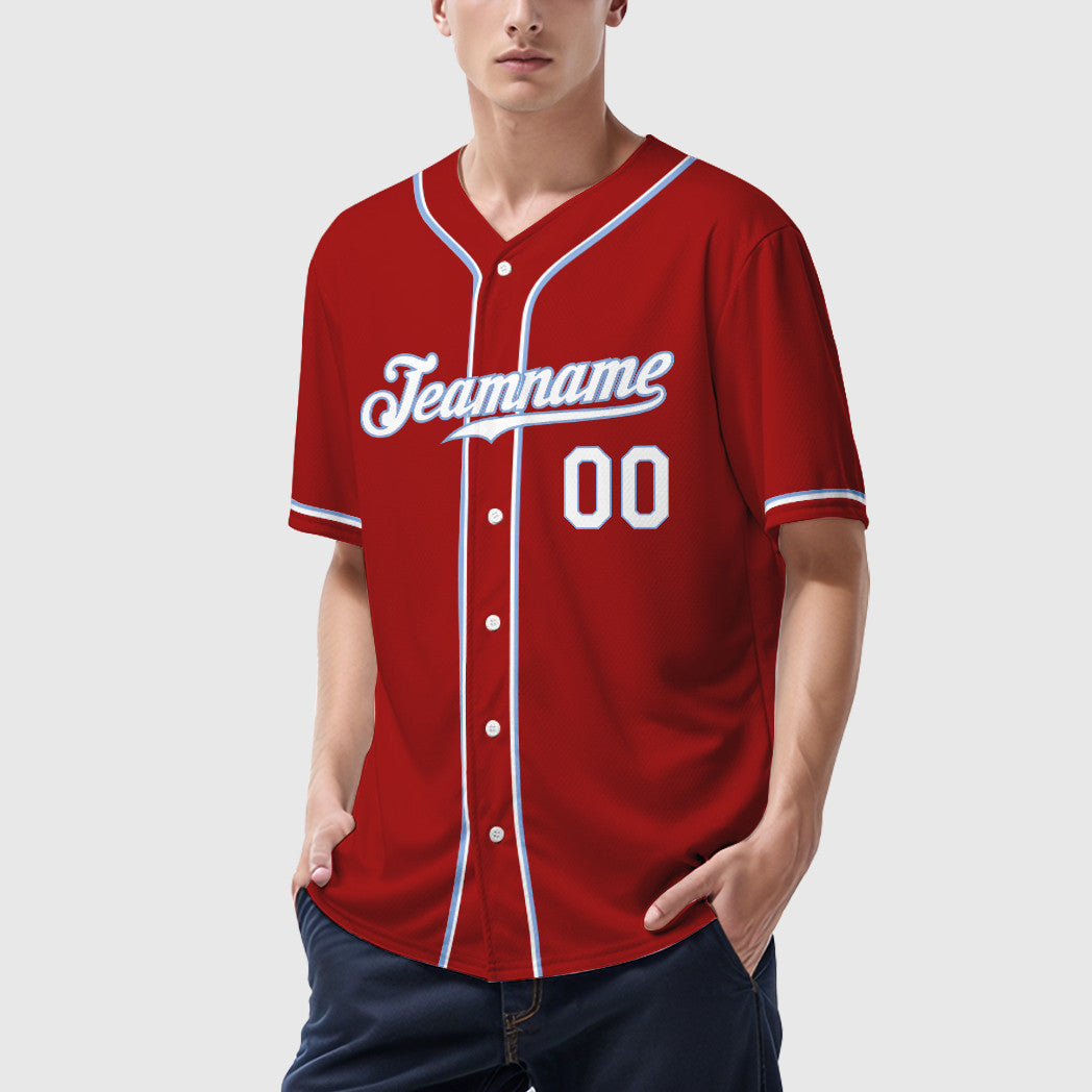 Custom Red White White-Light Blue Sleeve Baseball Jersey